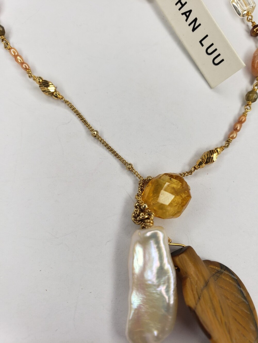 Chan Luu 925 Gold Necklace with Brown Tiger Eye Wing and Cream Pearl Charms - Picture 2 of 6